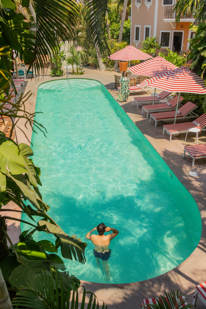 Área de piscina rodeada de palmeras